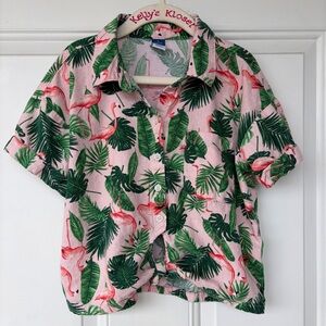 •Old Navy• Girls Linen Blend Flamingo Button Front Top - Size L (10-12)